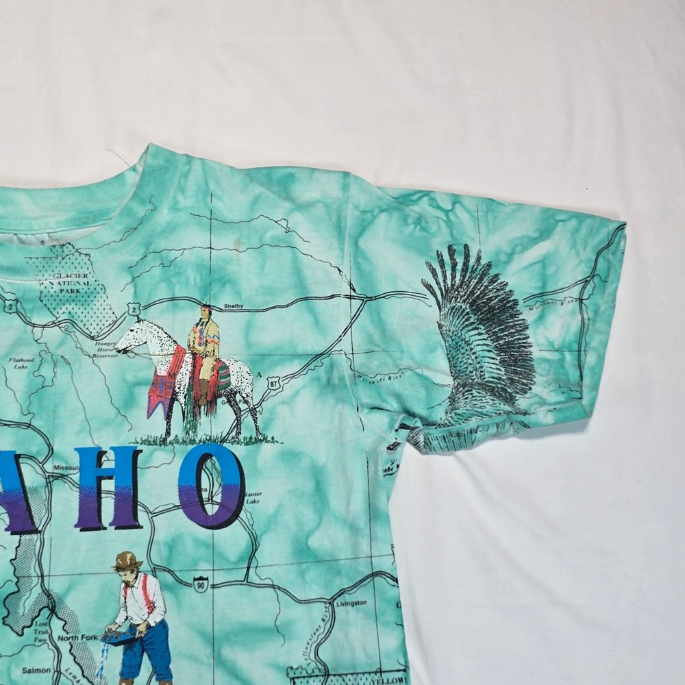 Vintage 1993 Sneaky Tees Idaho State Map All Over Print Tie Dye T-Shirt Mens M - Picture 9 of 16